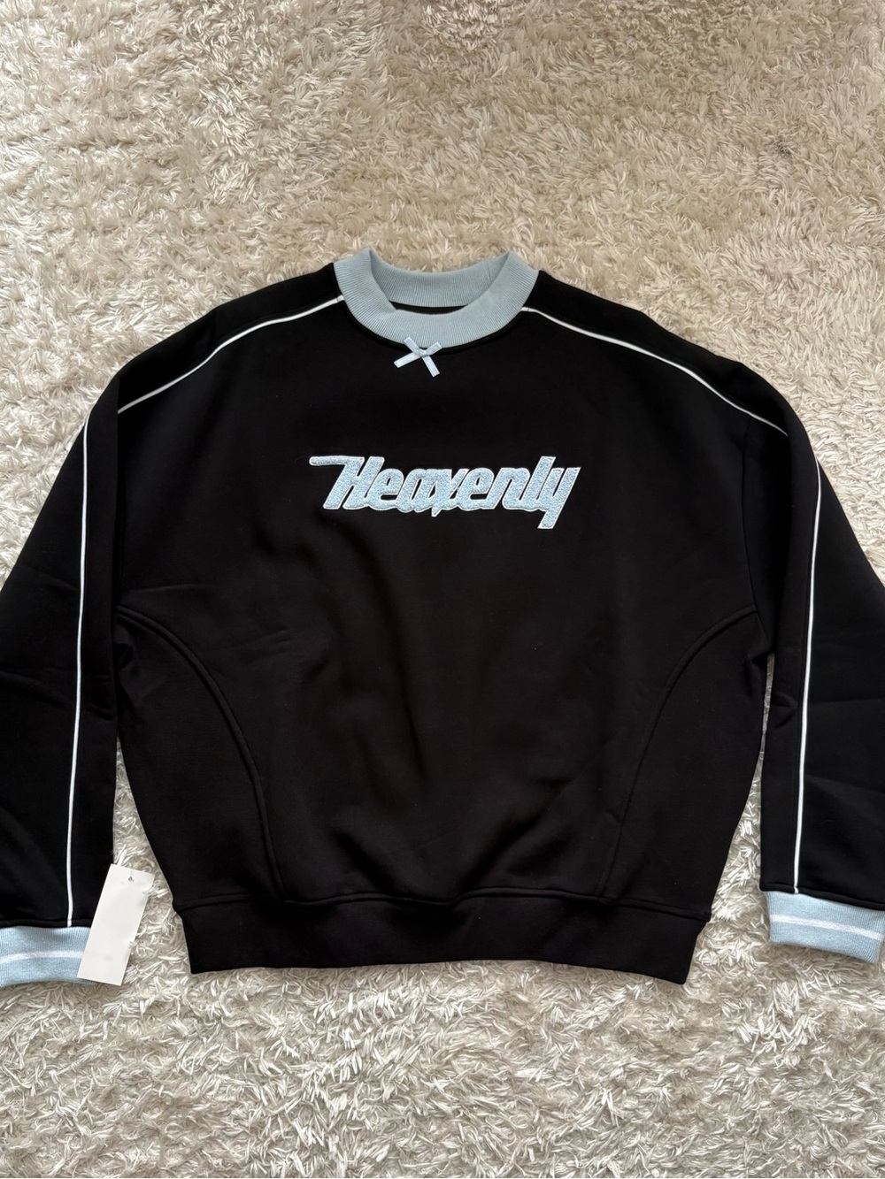 Women's Crewneck Sweater Black Baby Blue Stripe Trim Bow “Heavenly” Pullover